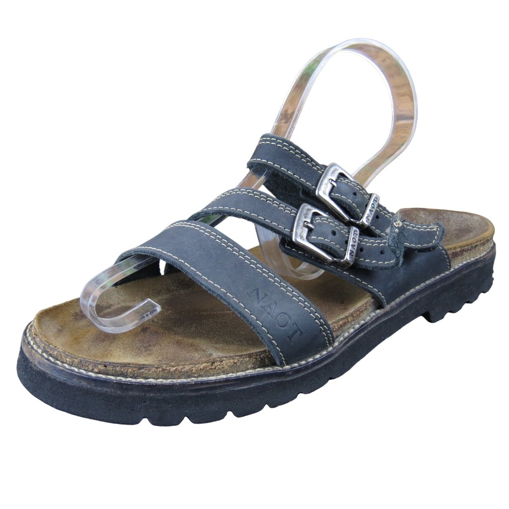 Naot Women's 7 Black Leather Sandals‎ Double Buckle Comfort Walking